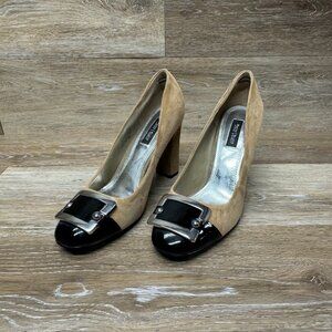 White House Black Market Theo Camel Suede/Black Patent Block Heel Women's Size 8